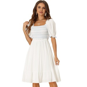 Allegra K Women's Square Neck Puff Short Sleeve Ruffle Summer Smocked Dress - 1 of 4