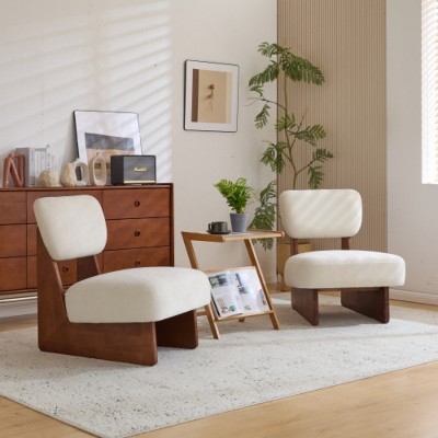 [Walnut+White Set of 2] Modern lounge chair with polyester fabric and sturdy wooden base, simple design, stylish and comfortable.