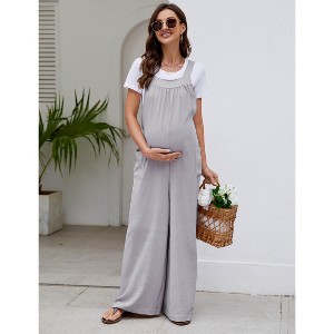 Women’s Maternity Summer Casual Loose Jumpsuit with Sleeveless Design Tie Waist and Pockets - 1 of 4