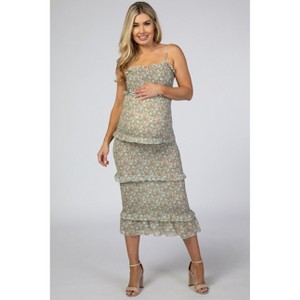 PinkBlush Light Olive Floral Chiffon Smocked Fitted Maternity Midi Dress - 1 of 4