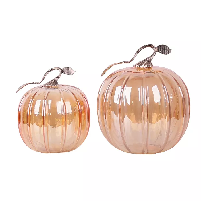 Transpac Glass 9.25 In. Pink Harvest Pumpkins Accent Set Of 2 : Target