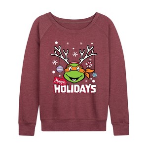 Women's - Teenage Mutant Ninja Turtles - Happy Holidays Lightweight French Terry Wide Neck Long Sleeve Graphic Shirt - 1 of 4