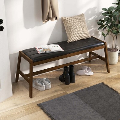 Walnut and Black 50" Solid Wood Dining Bench Set with Faux Leather Upholstery