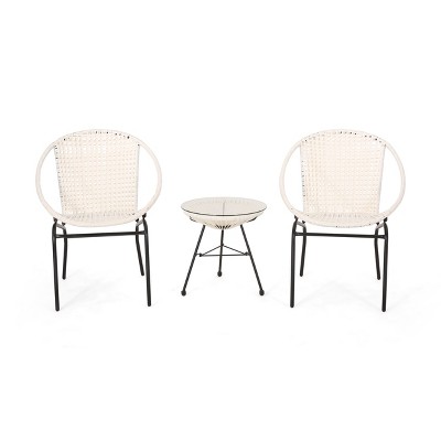 GDFStudio Belvidere Outdoor Wicker and Tempered Glass 3 Piece Chat Set