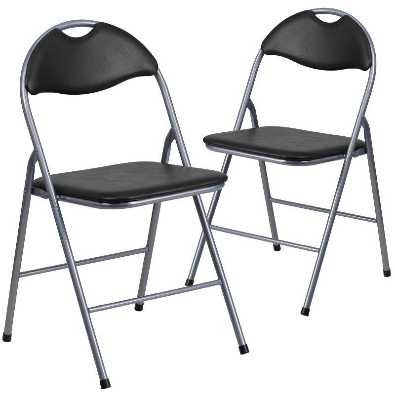Emma and Oliver 2 Pack Black Vinyl Metal Folding Chair with Carrying Handle, 1 of 11