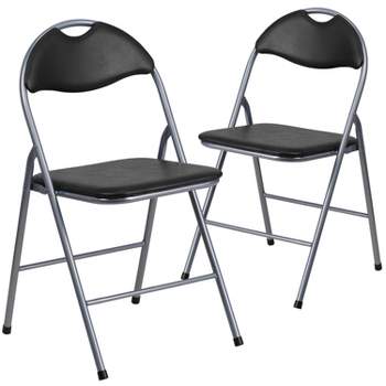 Emma and Oliver 2 Pack Black Vinyl Metal Folding Chair with Carrying Handle