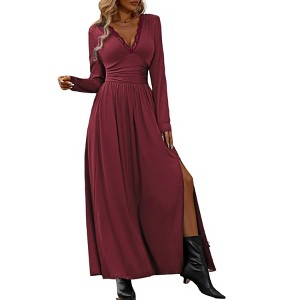 Women Long Sleeve Wrap Dress Casual V Neck Side Slit Pleated Long Sleeve Wedding Guest Cocktail Maxi Dresses - 1 of 4