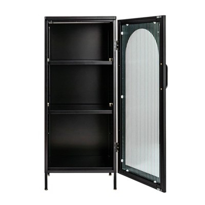 Matte Black Narrow Metal Accent Cabinet with Adjustable Shelves and Arched Glass Door