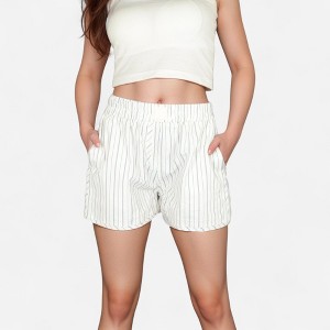 Anna-Kaci Lounge Women's Vertical Stripe Lounge Shorts with Elastic Waistband Faux Fly Front and Relaxed Fit Side Pockets - 1 of 4