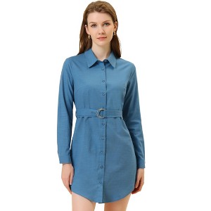 Allegra K Women's Roll Up Sleeve Belted Button Up Collared Shirt Dress - 1 of 4