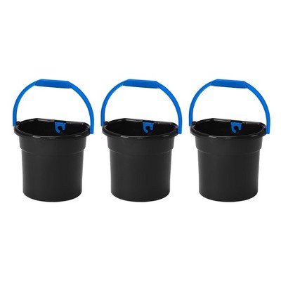 Gracious Living 5.8 Gallon Flat Back Water Bucket with Built-In Hose Clip  and Long Gripped Handle for Indoor and Outdoor Use, Black/Blue (3 Pack)