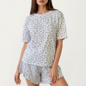 Anna-Kaci Lounge Women's Tiny Rose Print Crew Neck Pajama Set with Short Sleeves and Ruffle Trim Shorts - 1 of 4