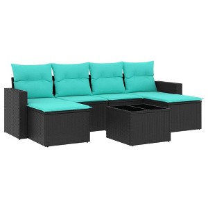vidaXL 7 Piece Patio Sofa Set with Cushions Black Poly Rattan - Black and Blue With Table - 1 of 4