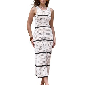 INSPIRE CHIC Women's Crochet Cover Ups Striped Hollow Out Swimsuit Sleeveless Coverup Beach Dress - 1 of 4