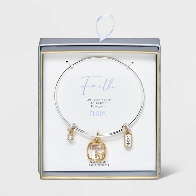 14K Gold Dipped Cubic Zirconia 'Faith' Cross and Bezel Bangle Bracelet - Gold/Silver