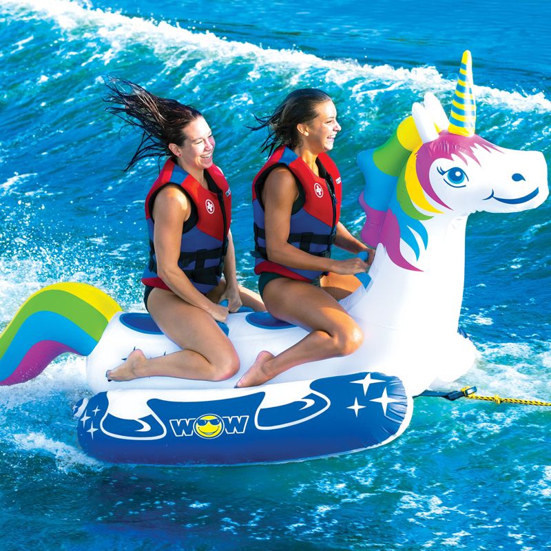 Wow Watersports Giant Rainbow Unicorn 2 Person Rider PVC Inflatable Pontoon Boating Ride On Lake Boat Towable Tube with 340 Pound Capacity, 2 of 5