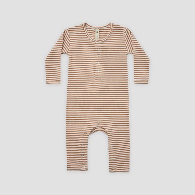 Image of Q by Quincy Mae Baby Striped Rib Long Sleeve Romper - Ivory/Clay Brown 3-6M