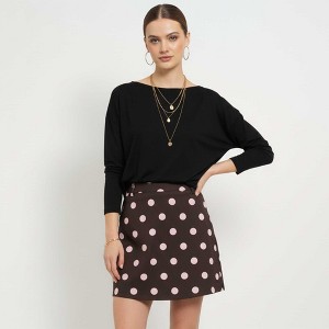 Cherie Code Women’s Polka‑Dot A‑Line Mini Skirt – Brown with Pink Dot Print Casual Chic - 1 of 4
