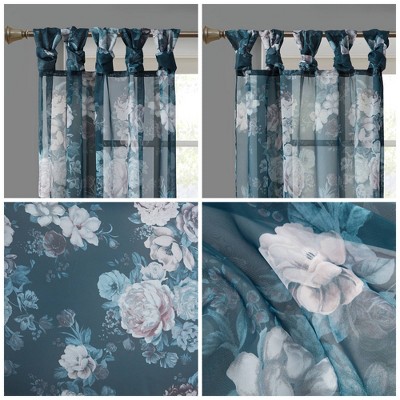 Navy Floral Twist Tab Top Sheer Polyester Curtain Panel