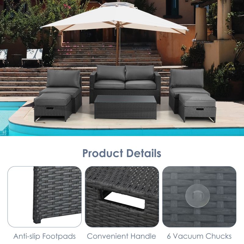Tangkula 6PCS Patio Rattan Furniture Set Outdoor All Weather Wicker Conversation Set w/Cushioned Ottoman & Coffee Table, 3 of 7
