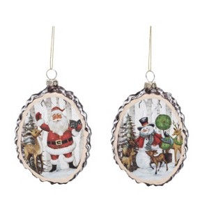 Transpac Glass Woodland Santa/Snowman Scene Ornament Set of 2 Christmas Home Decorations - 1 of 1