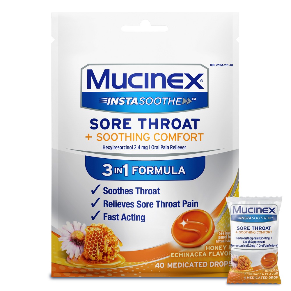 Mucinex Instasoothe Sore Throat Medicated Drops - Honey & Echinacea - 40ct: Contains Pain Reliever, Honey, Lozenge Form