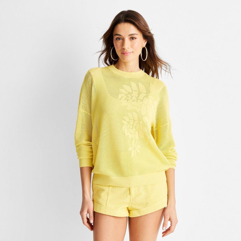 Women's Floral Print Long Sleeve Crewneck Jacquard Sweater - Future Collective™ with Jenny K. Lopez Yellow, 1 of 4