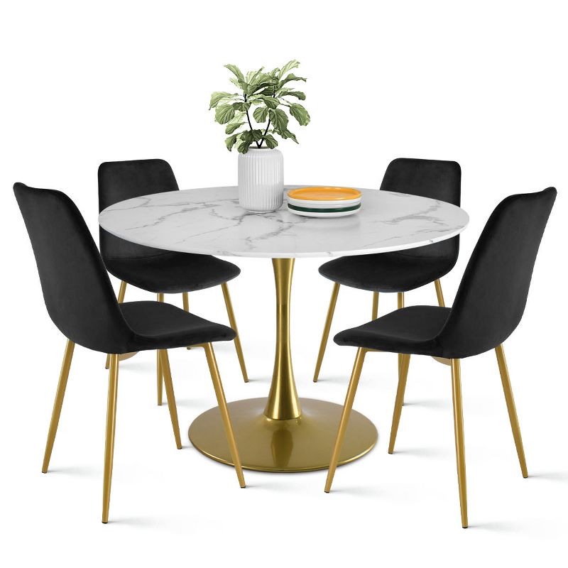Harris+Bingo 5-Piece Round-Shaped Artificial Marble Dining Table Set With 4 Velvet Upholstered Chairs Gold Legs -Maison Boucle, 2 of 10