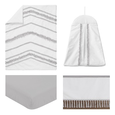 Boho Fringe White and Gray Cotton Baby Crib Bedding Set