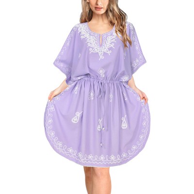 LA LEELA Women's House Daily Routine Evening Wear Mini Casual Caftan Short Sleeve Vacation Dressessuit Cover Ups for Women 2X-3X Purple, Solid