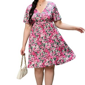 Clearlove Plus Size Dresses for Curvy Women Floral Sleeves Tiered Layers Casual Mini Dress with Pocket - 1 of 4