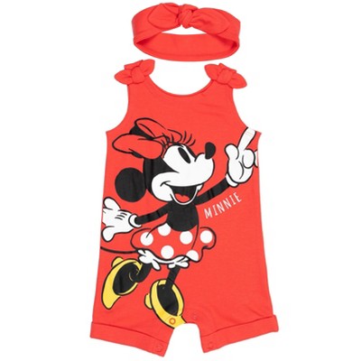 Image of Mickey Mouse & Friends Minnie Infant Baby Girls Snap Sleeveless Romper & Headband Red 12 Months