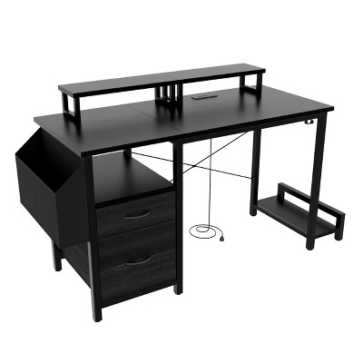 Vynxaria Computer Desk with Power Outlet, 2 Monitor Stands & Storage ¨C Reversible Office/Writing/Gaming Desk with Easy Assembly