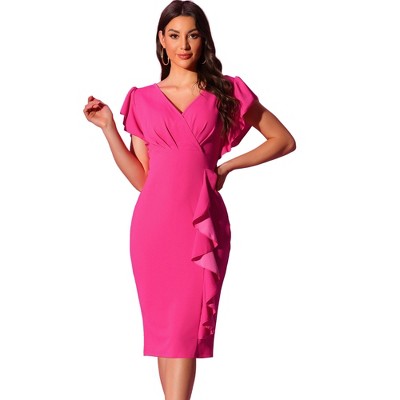 Allegra K Women's Cocktail Party Deep-V Neck Ruffle Sleeves Pencil Formal Dress