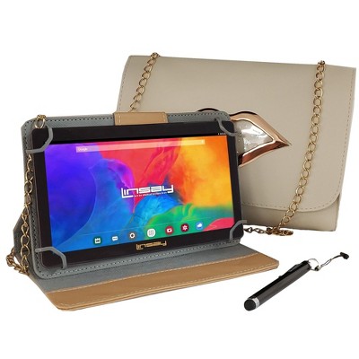 LINSAY 7" 128GB STORAGE New Android 15 Tablet Bundle with Cream Protective PU leather Case, Fashion Kiss Handbag and Pen Stylus