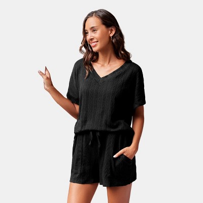 Women's Black V-Neck Top & Tie Waist Shorts Pajama Set - Cupshe