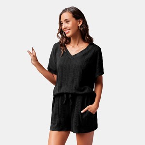 Women's Black V-Neck Top & Tie Waist Shorts Pajama Set - Cupshe - 1 of 4