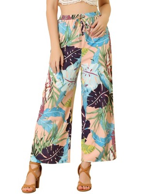 Allegra K Women's Tropical Floral Casual Elastic Waist Wide Leg Palazzo Pants