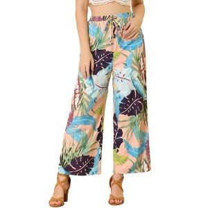 Allegra K Women's Tropical Floral Casual Elastic Waist Wide Leg Palazzo Pants - 1 of 4