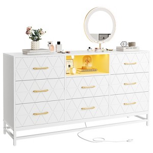 Charging Station - LED Lights(USB  AC Outlets, Geometric Pattern Gold Handles, White Chest of Drawers for Bedroom Living Room - 1 of 4