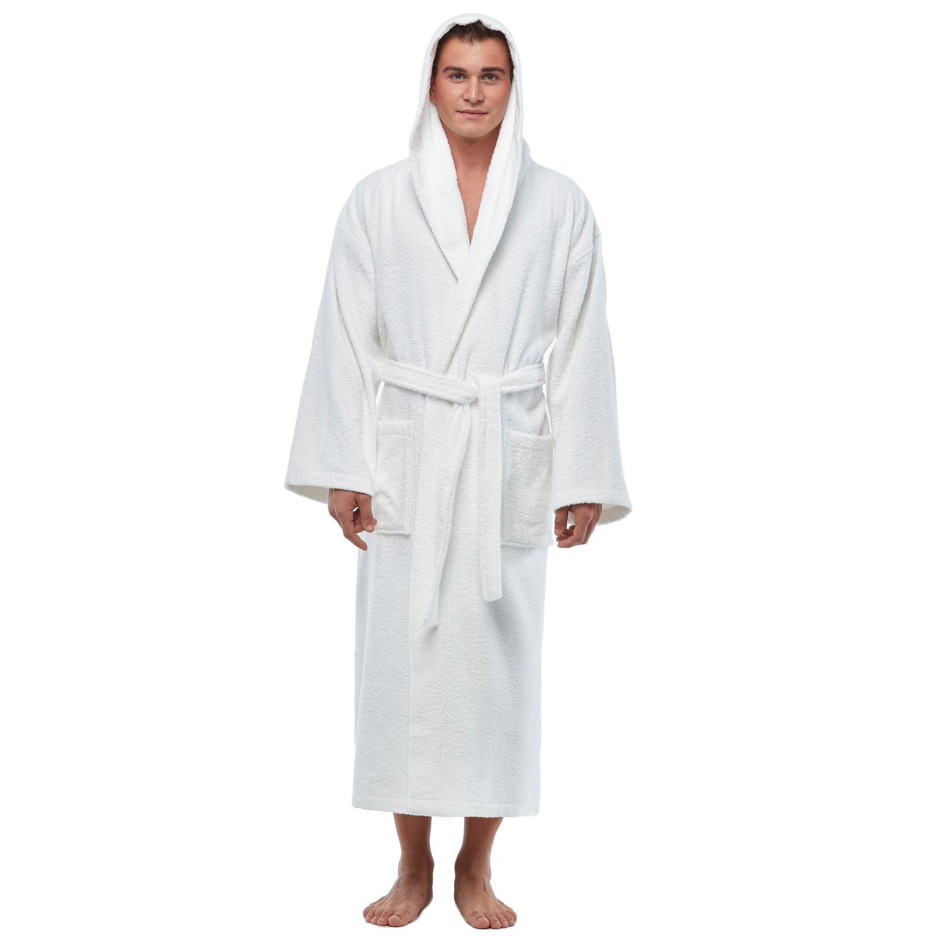 Arus Men's Turkish Cotton Hooded Robe, Absorbent Terry Cloth Bathrobe with Hood , White , Small/Medium