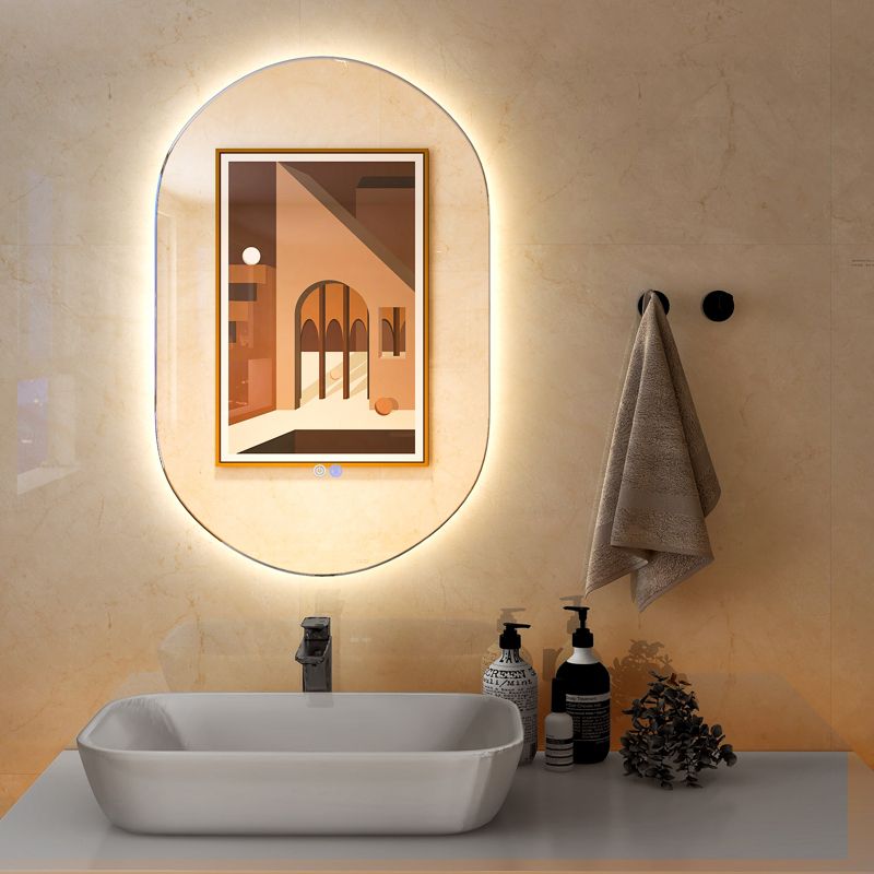 Costway 32'' x 20'' Oval Bathroom Wall Mirror Mounted Makeup Mirror with Lights & Anti-Fog, 2 of 11