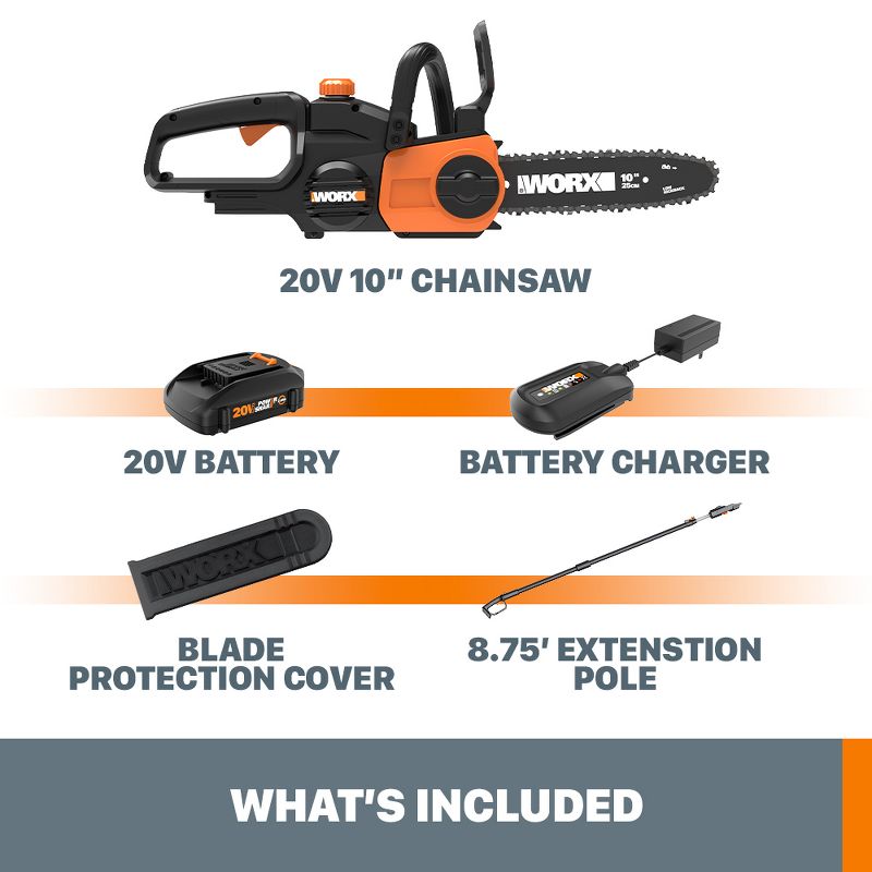 Worx WG323 20V Power Share 10" Cordless Pole/Chain Saw with Auto-Tension, 3 of 8