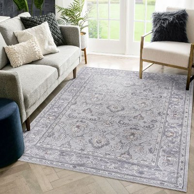 Kumasinova Stain-Resistant Area Rug, Non-Shedding Ivory/Grey Door Mat,Kid & Pet-Friendly, Oriental Area Rug for Living Room,Latex-Free Cotton Backing