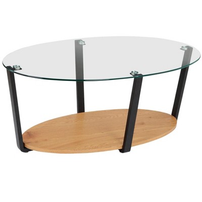 Nessa Oval Coffee Table with Glass Top and Oak Shelf