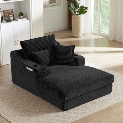 Pexfix 47" Chaise Lounge Chair Fluffy Corduroy Boneless Sleeper Sofa Couch with Cupholders and 3 Throw Pillows for Living Room Bedroom & Office White