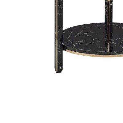 Round Glass and Faux Black Marble End Table with Champagne Trim
