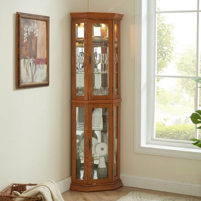 Corner Cabinet Display Case,Corner China Cabinet with Glass Doors,Cabinet with Customizable Glass Shelves and Inclusive Bead Bulb-Cuddlewood