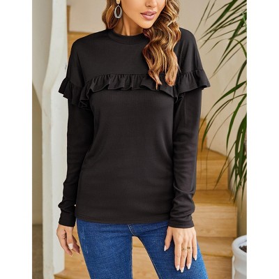 Womens Turtleneck Shoulder Knited Long Ruffle Sleeve Slim Fit Blouses Casual Sweatshirts