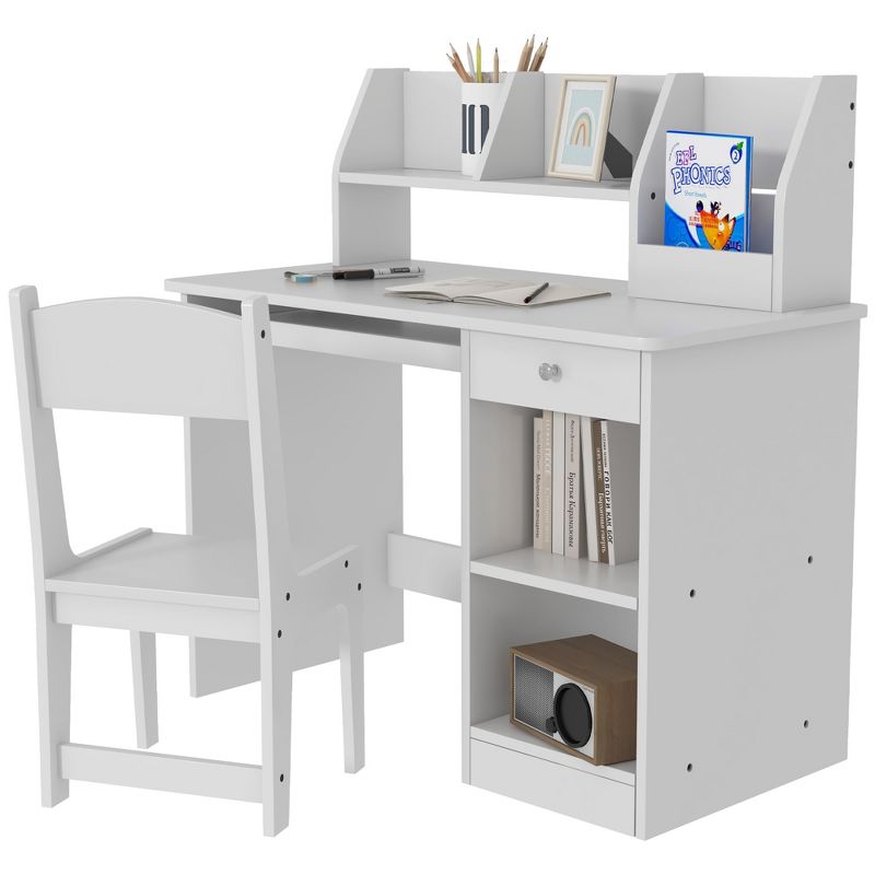 Qaba Kids Desk and Chair Set with Storage, Study Desk with Chair for Children 5-8 Years Old, White, 4 of 7